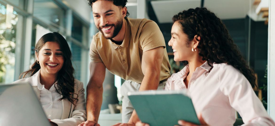 Laughing, meeting and colleagues with tablet, collaboration and humor for project, group and office. Happy, marketing coordinator and people with tech for campaign, teamwork and employees with jokes